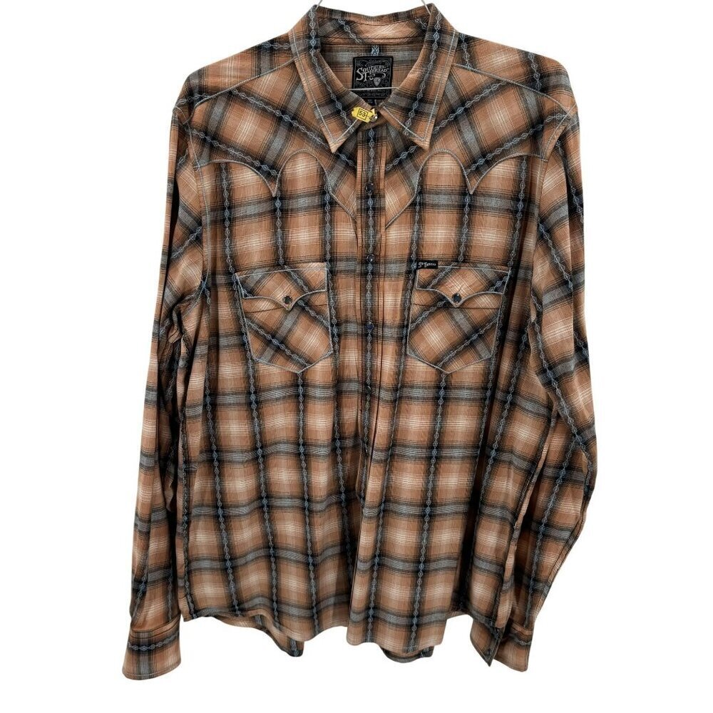Southern Thread 100% Cotton Mens Pearl Snap Western Shirt XL Plaid Brown & Blue